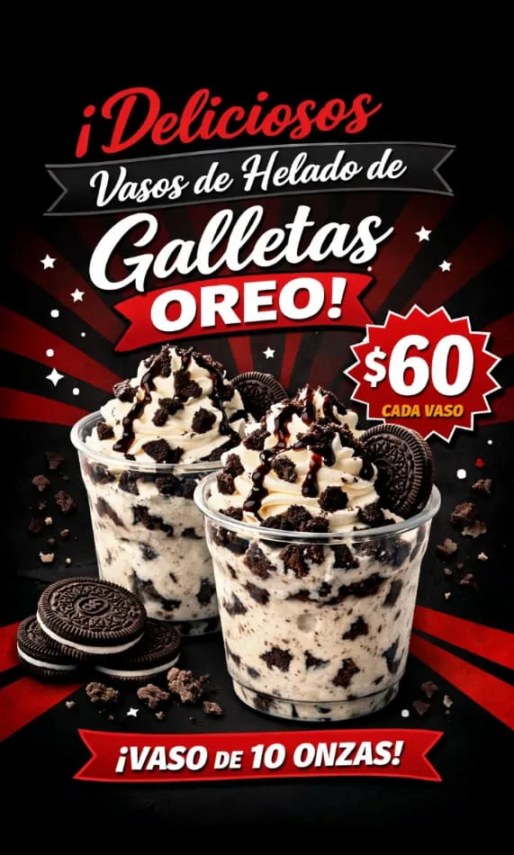 Vasos de helado de galletas — Afiche promocional, creado por una participante del taller con IA