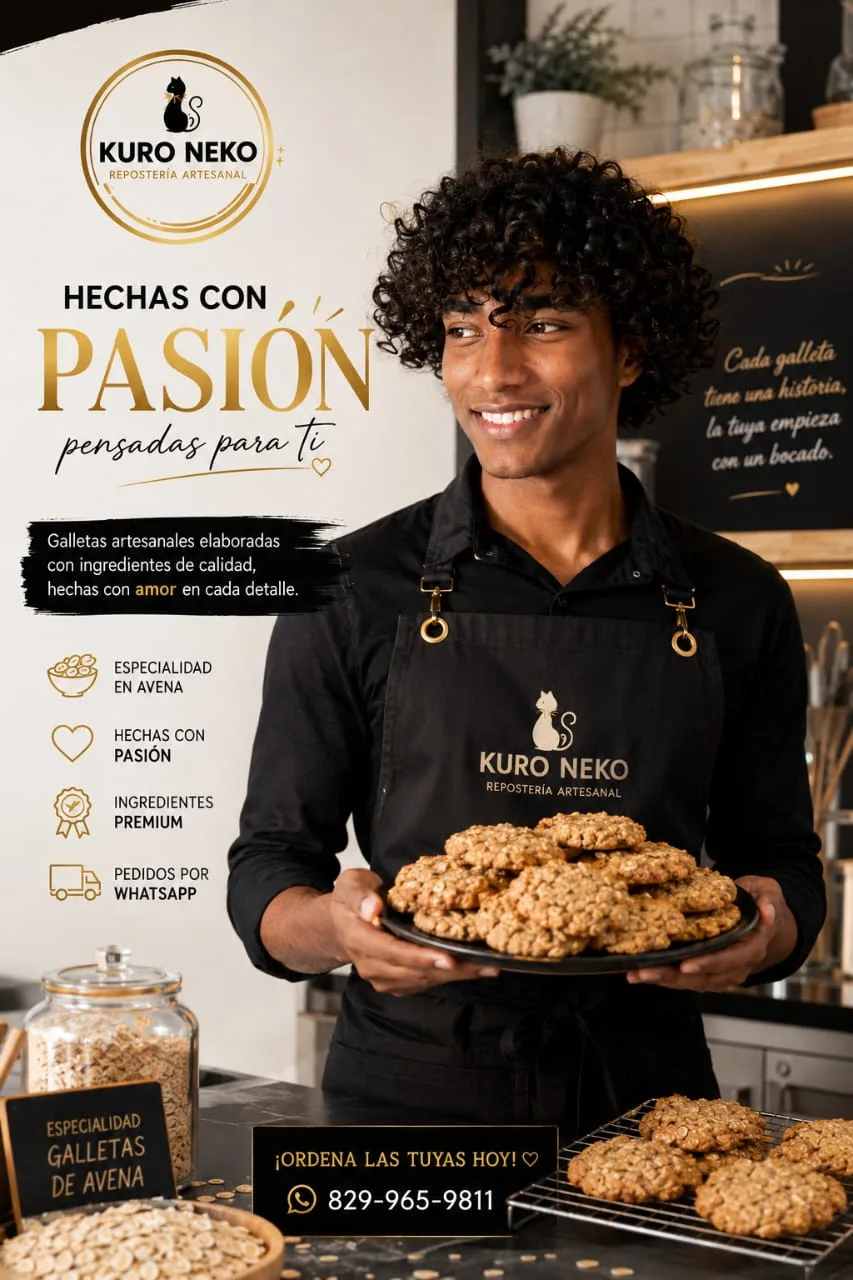 Kuro Neko — Afiche de galletas artesanales, creado por una participante del taller con IA