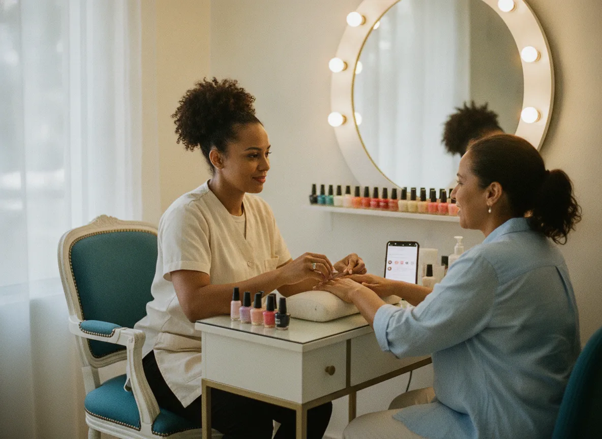 Belleza — emprendedora dominicana usando su teléfono en su oficio