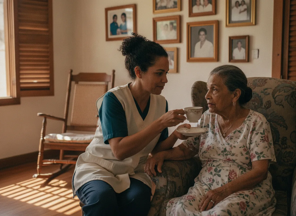 Cuidado de adultos mayores — emprendedora dominicana usando su teléfono en su oficio