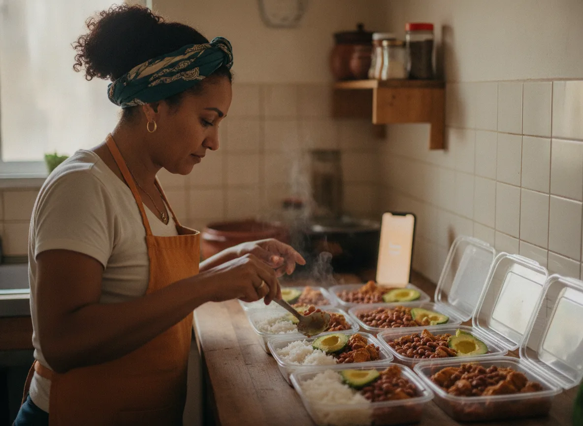 Gastronomía — emprendedora dominicana usando su teléfono en su oficio