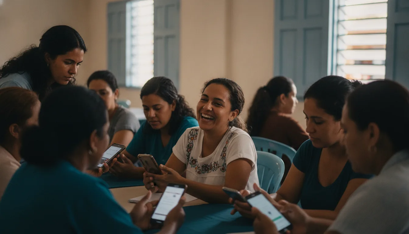 Emprendedoras dominicanas trabajando con sus teléfonos durante el taller, mostrándose unas a otras lo que descubren