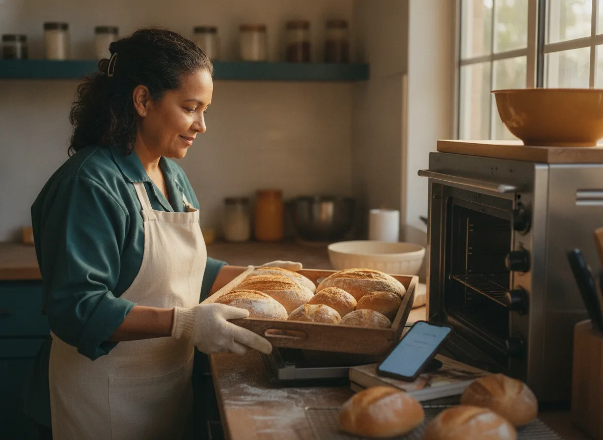 Panadería — emprendedora dominicana usando su teléfono en su oficio