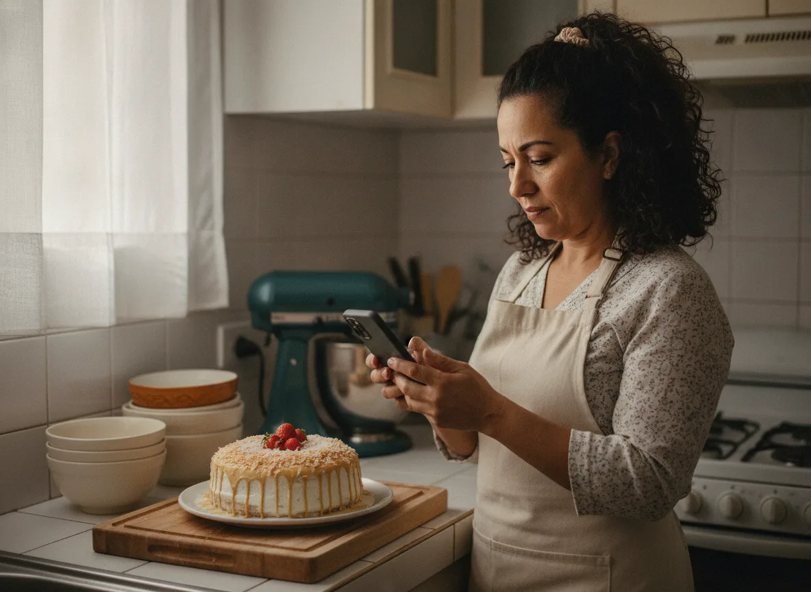 Repostería — emprendedora dominicana usando su teléfono en su oficio