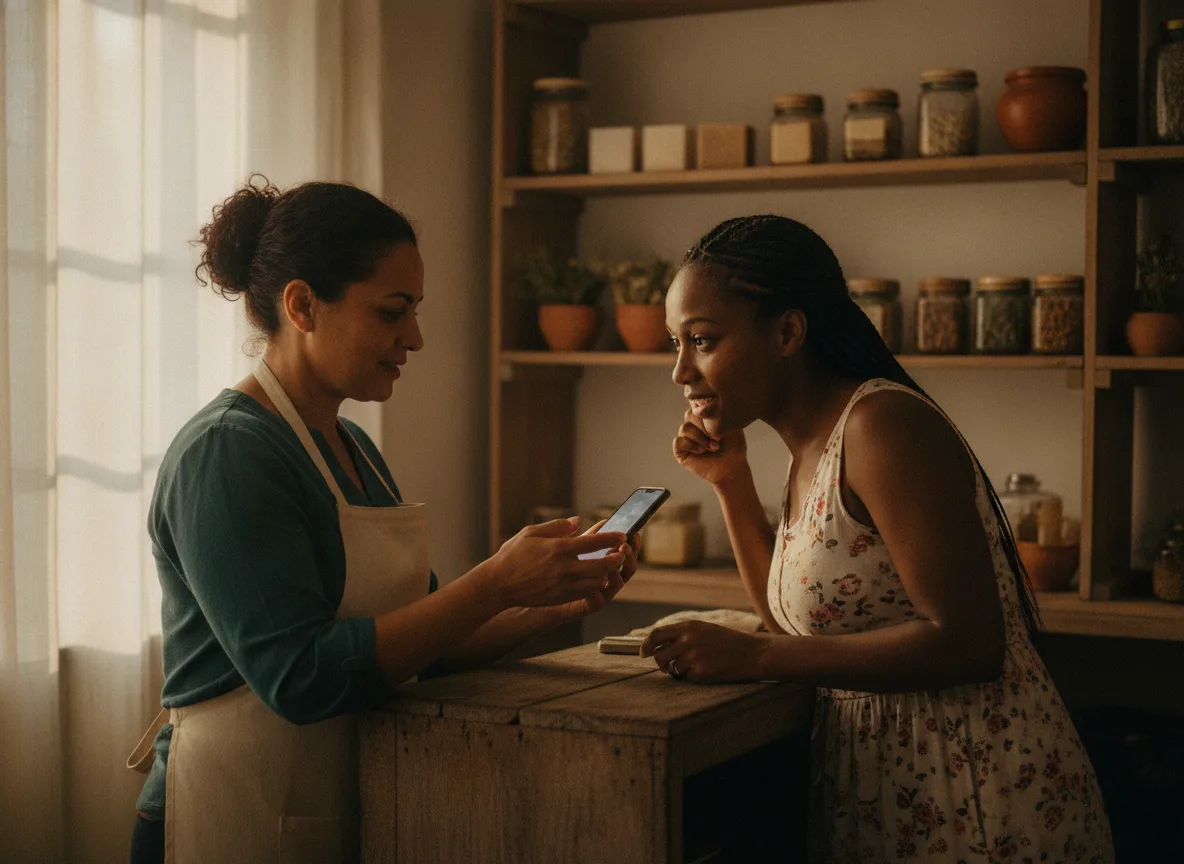 Emprendedora dominicana mostrando su catálogo en el teléfono a una clienta